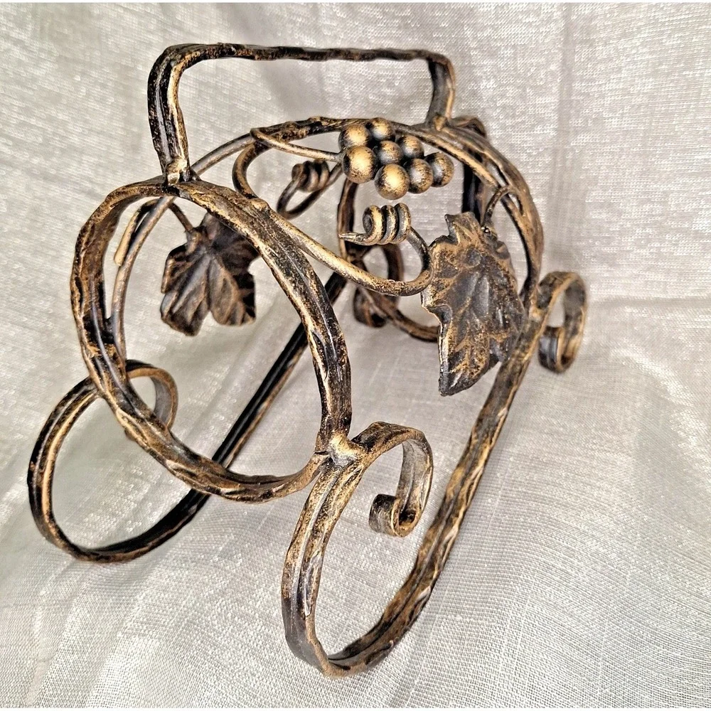 Wrought Iron Wine Bottle Holder Server Black Gilded Grapes Vines Antiqued Finish